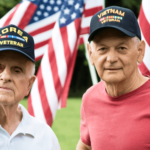 two veterans stand in front of flags