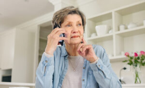 An older woman on her phone calling a nursing home abuse hotline.