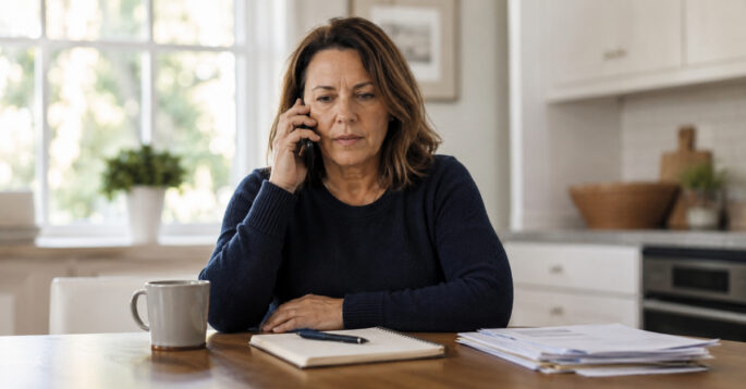 A concerned woman talks on the phone at her kitchen table with papers and a notebook in front of her.