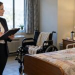 A woman takes notes while inspecting a nursing home room with a wheelchair and walker.