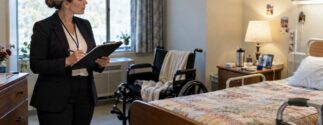 A woman takes notes while inspecting a nursing home room with a wheelchair and walker.